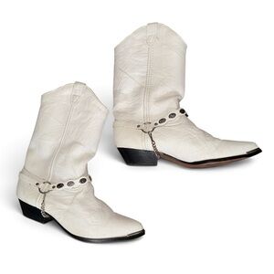 Vintage White Textured Leather Western Cowboy Boots with Harness Straps Size 9M